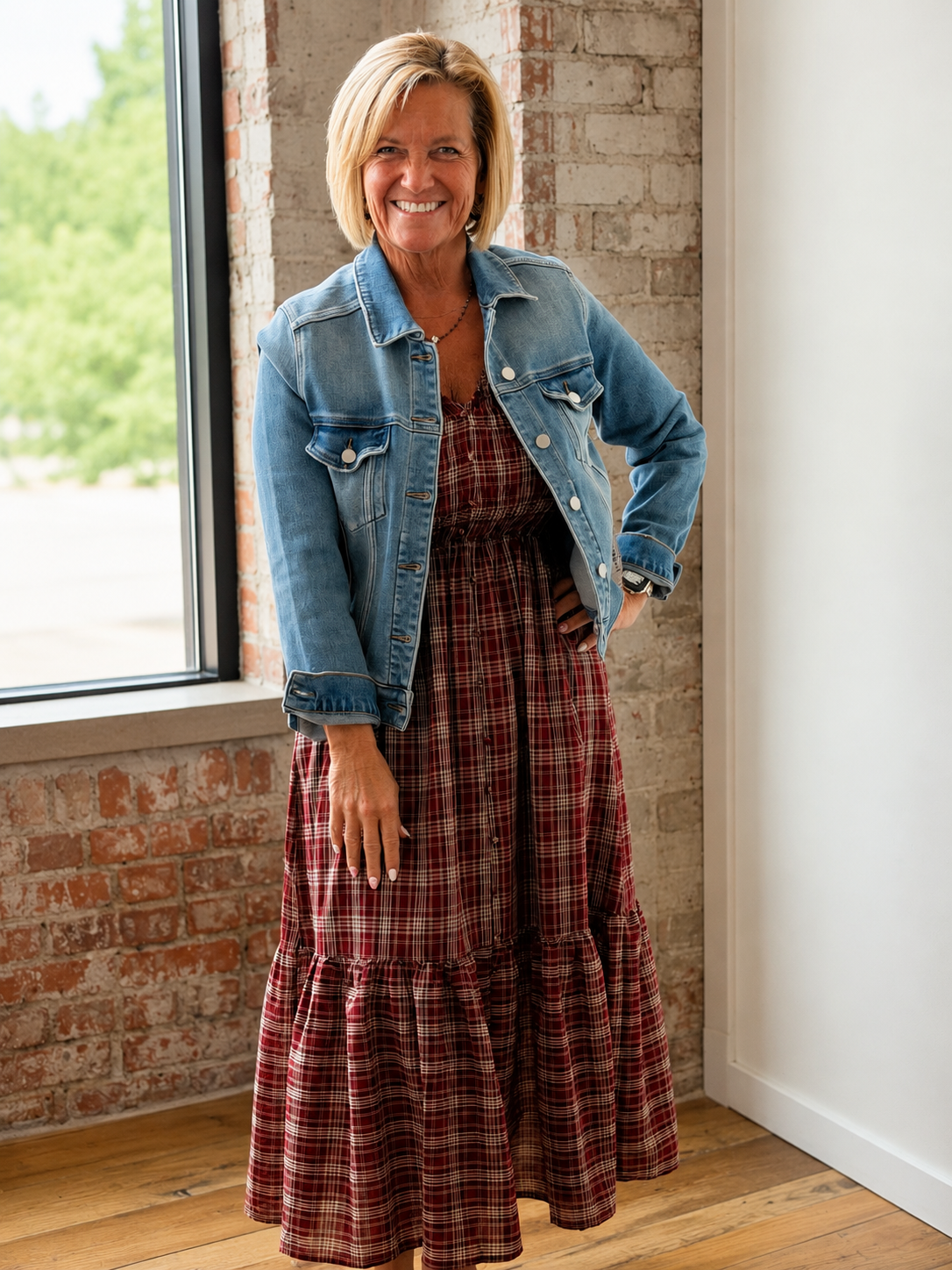 PLAID FLUTTER SLEEVE MIDI DRESS