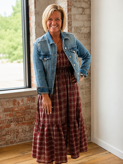 PLAID FLUTTER SLEEVE MIDI DRESS