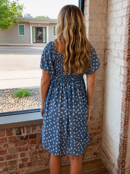 BLUE FLORAL PRINT BABYDOLL DRESS