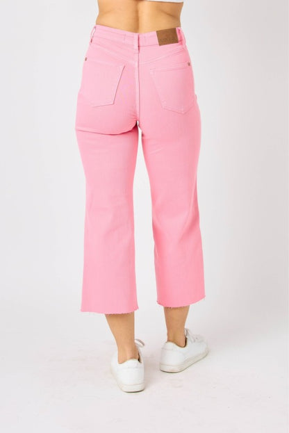JUDY BLUE PINK TUMMY CONTROL HIGH-WAIST WIDE l-LEG CROP DENIM