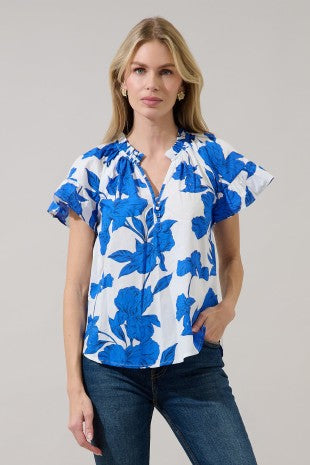 ROYAL BLUE & WHITE PRINT TOP