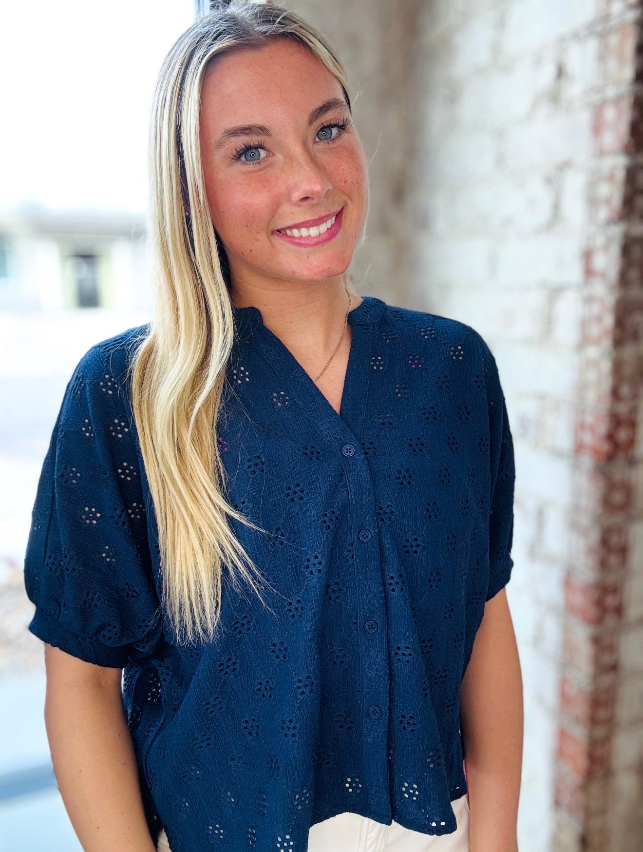 Navy Eyelet Short Sleeve Top