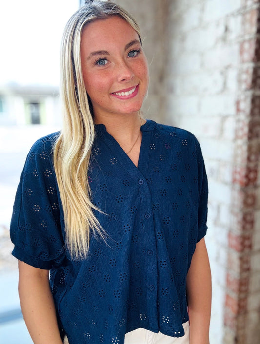 Navy Eyelet Short Sleeve Top