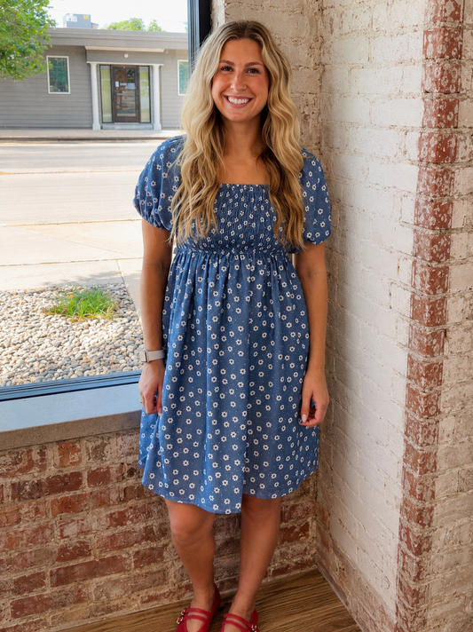 BLUE FLORAL PRINT BABYDOLL DRESS