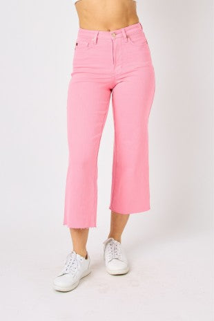 JUDY BLUE PINK TUMMY CONTROL HIGH-WAIST WIDE l-LEG CROP DENIM