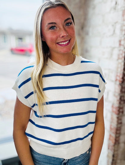 Royal Blue Stripe Short Sleeve Sweater