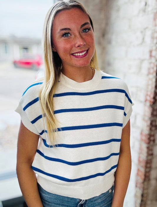 Royal Blue Stripe Short Sleeve Sweater