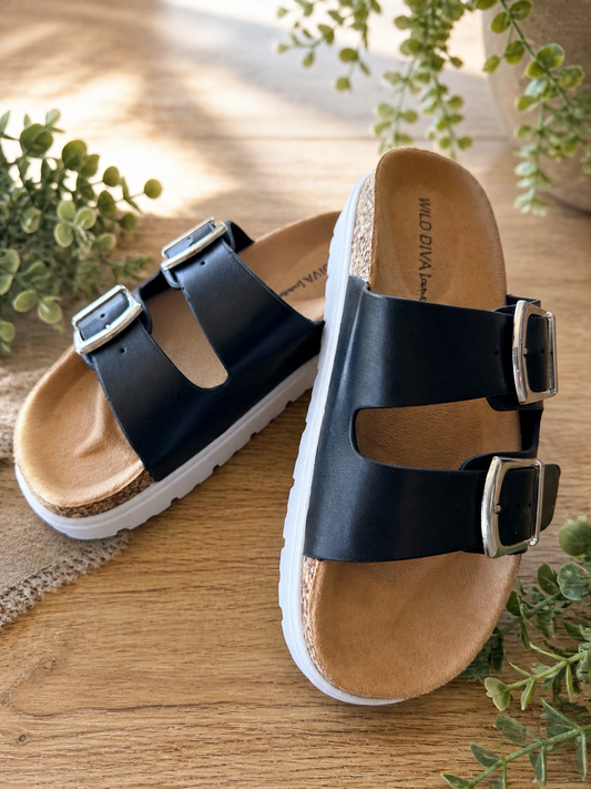 BLACK SLIP ON SANDALS