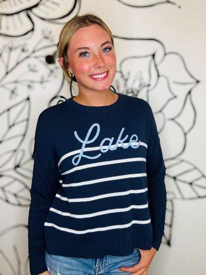 SHIRALEAH CHICAGO NAVY STRIPE “LAKE” GRAPHIC SWEATER