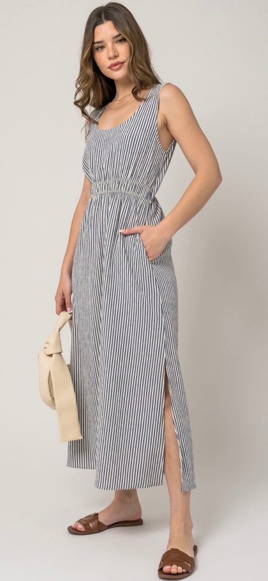NAVY STRIPE MIDI DRESS
