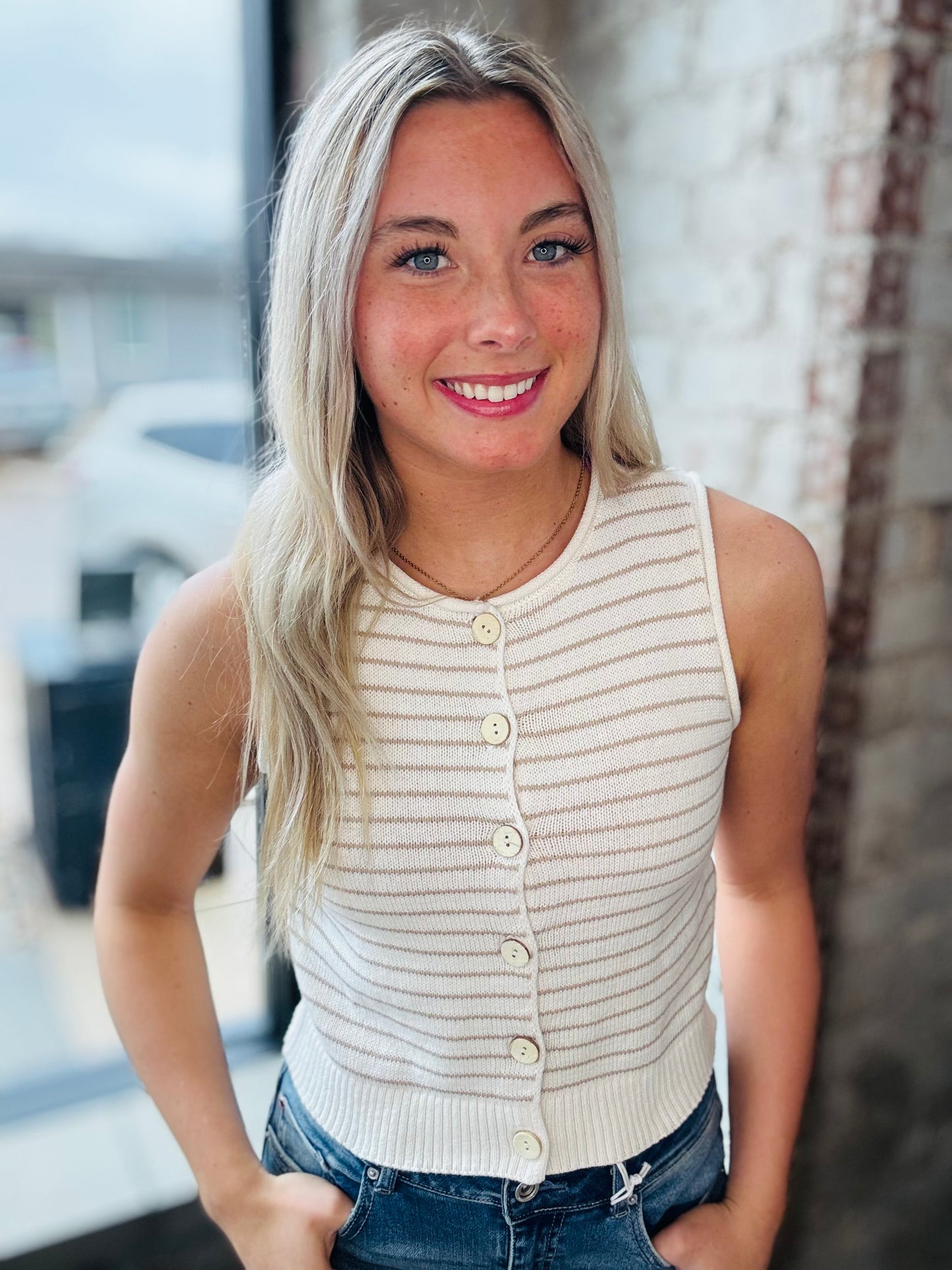 Mocha Stripe Button Down Sleeveless Top