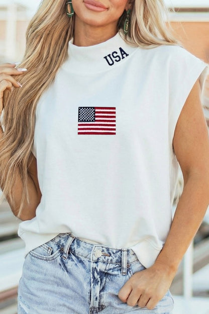 WHITE USA EMBROIDERED HIGH NECK CAP SLEEVE TOP