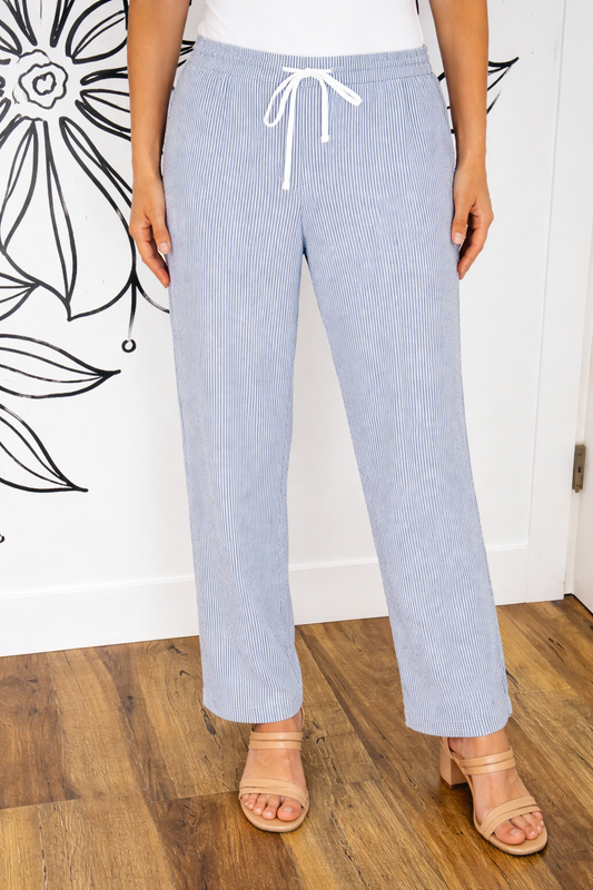 BLUE PINSTRIPED LINEN-BLEND PANTS