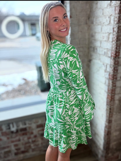 Green Print Tiered Dress