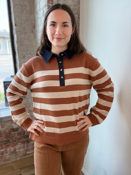 BURNT ORANGE AND CREAM STRIPE LONG SLEEVE POLO