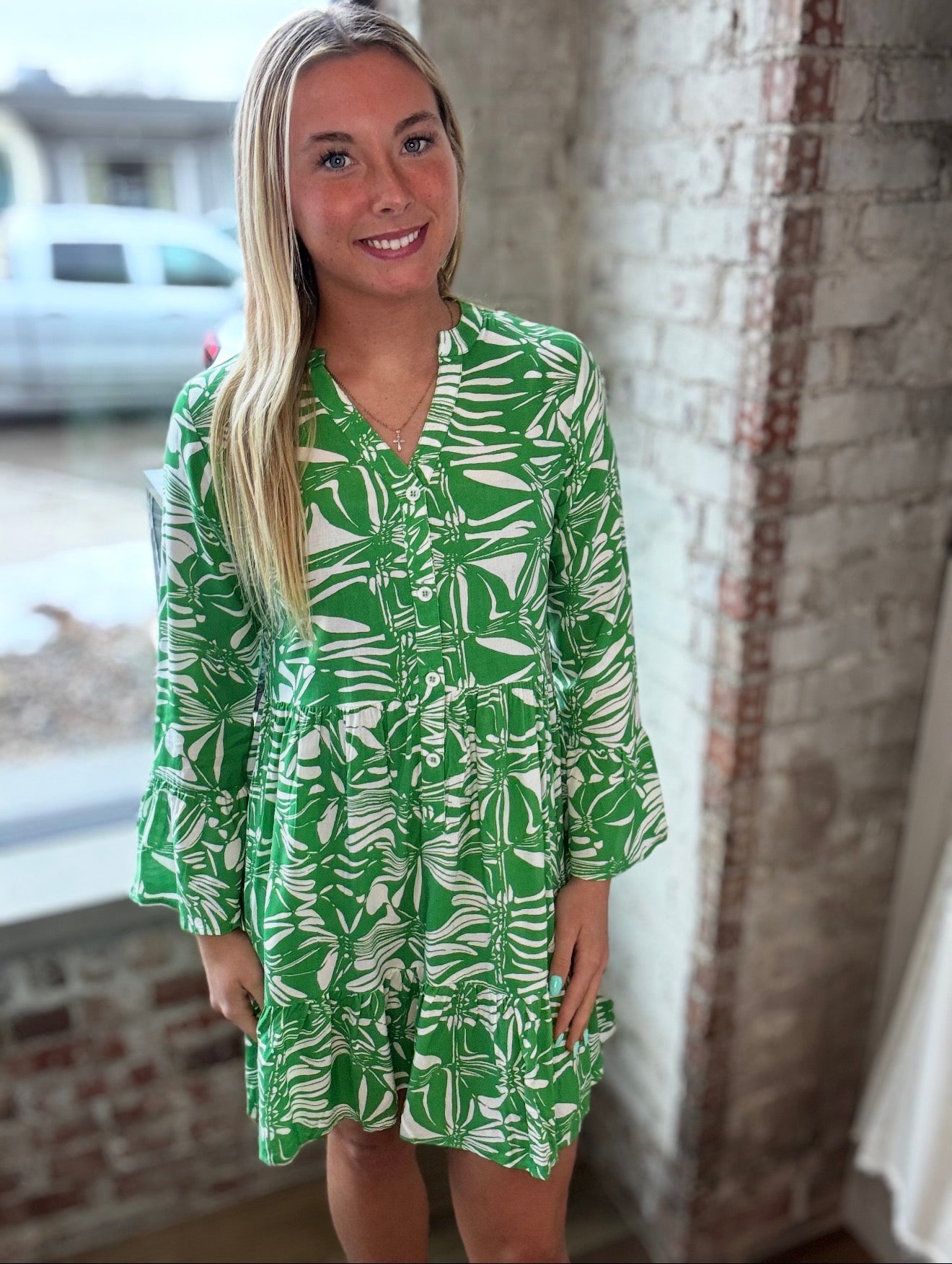 Green Print Tiered Dress