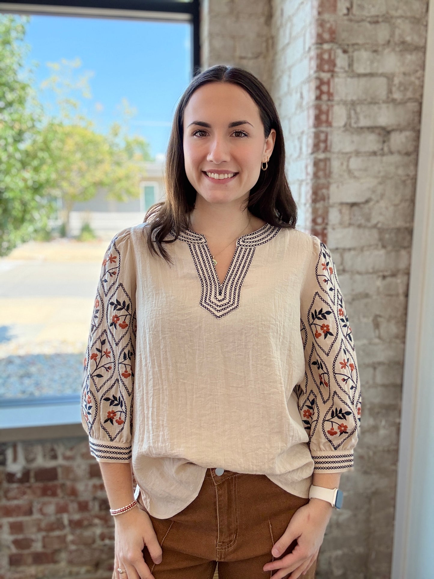 BURNT ORANGE AND CREAM EMBROIDERED BLOUSE