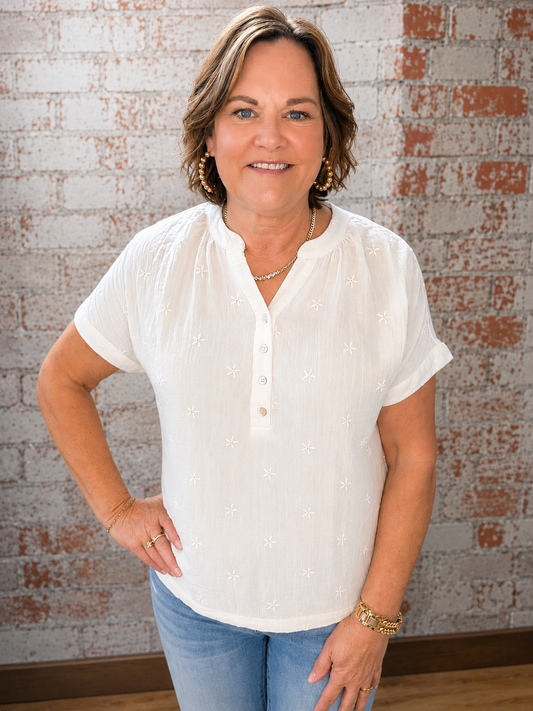 BRANDTEX WHITE GAUZE FLORAL TOP