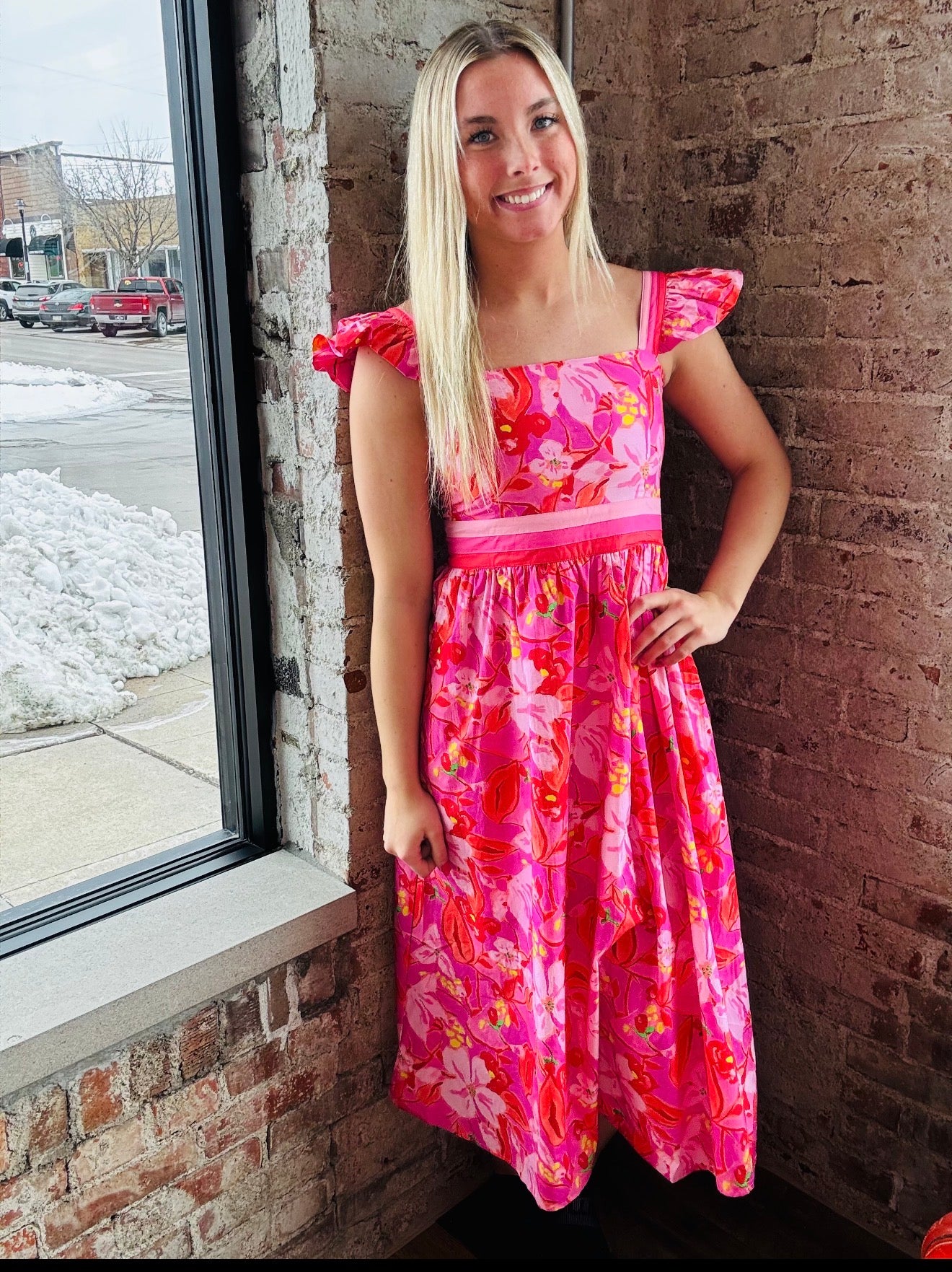 Bright Pink Floral Midi Dress