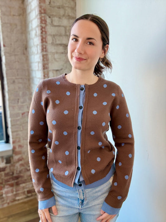 LIGHT BLUE AND BROWN POLKA DOT CARDIGAN