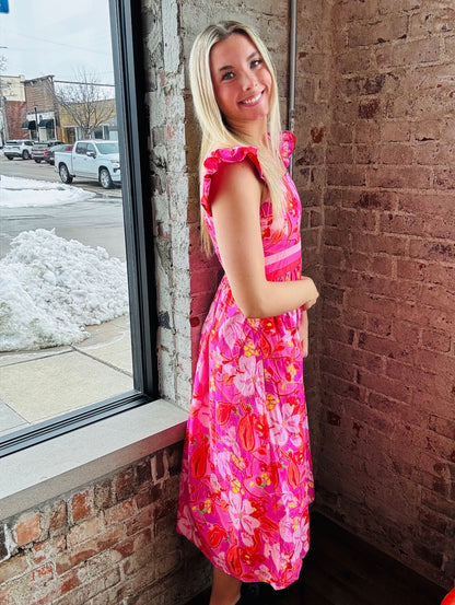 Bright Pink Floral Midi Dress