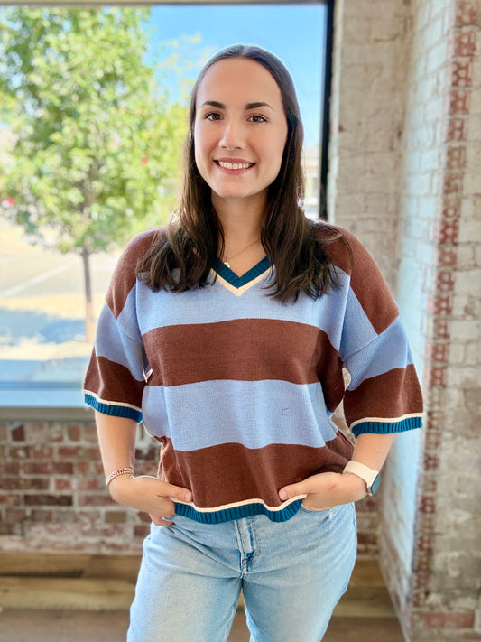 BABY BLUE AND BROWN STRIPE SHORT SLEEVE SWEATER