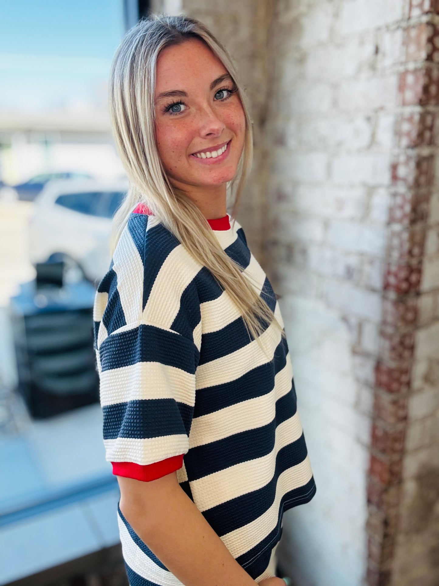 Navy Stripe Short Set