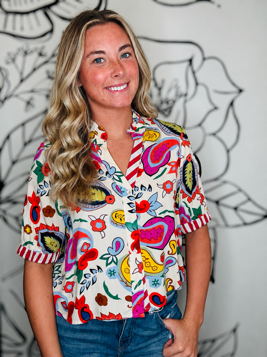 VIBRANT PRINT PAISLEY BUTTON-DOWN TOP