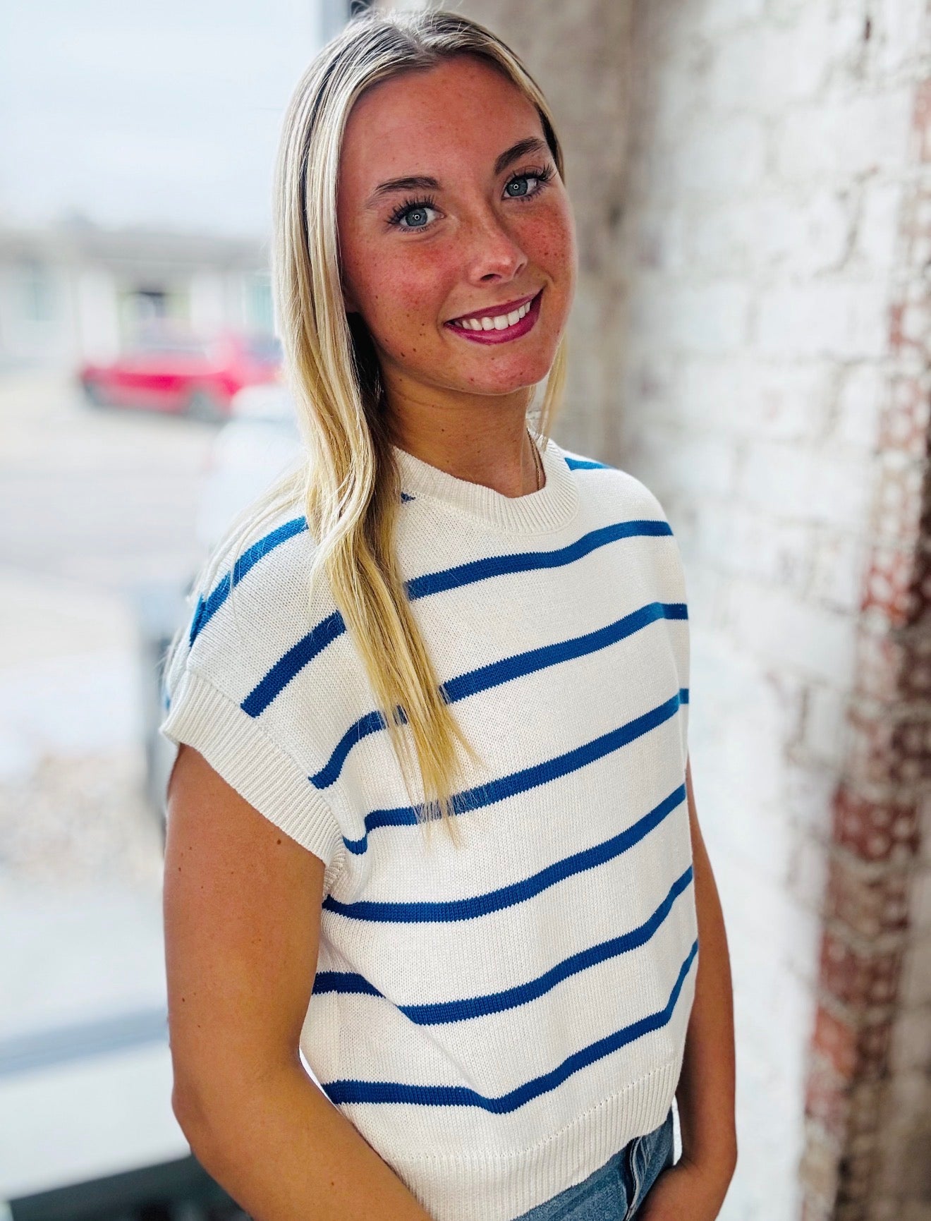 Royal Blue Stripe Short Sleeve Sweater