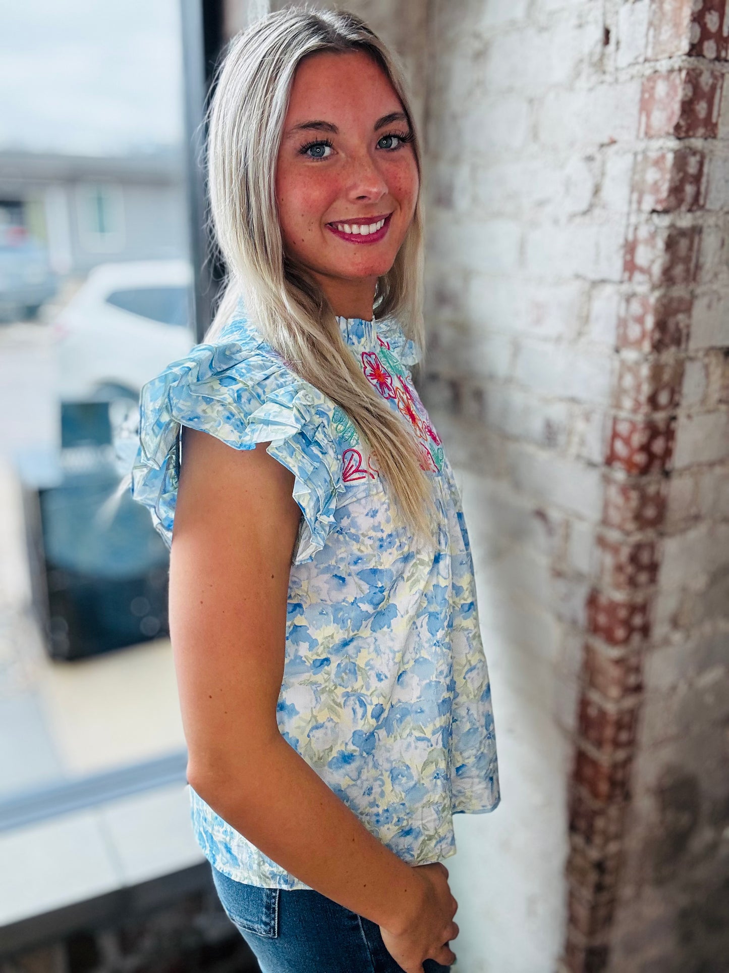 Floral Embroidery Flutter Sleeve