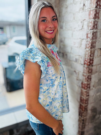 Floral Embroidery Flutter Sleeve