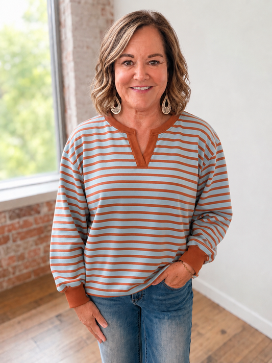 CARAMEL & BLUE STRIPE SPLIT NECK TOP