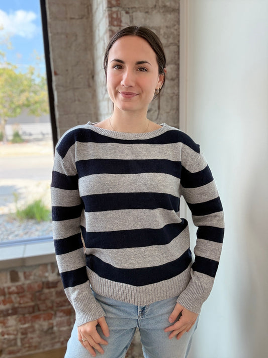 NAVY AND HEATHER GREY STRIPE SWEATER
