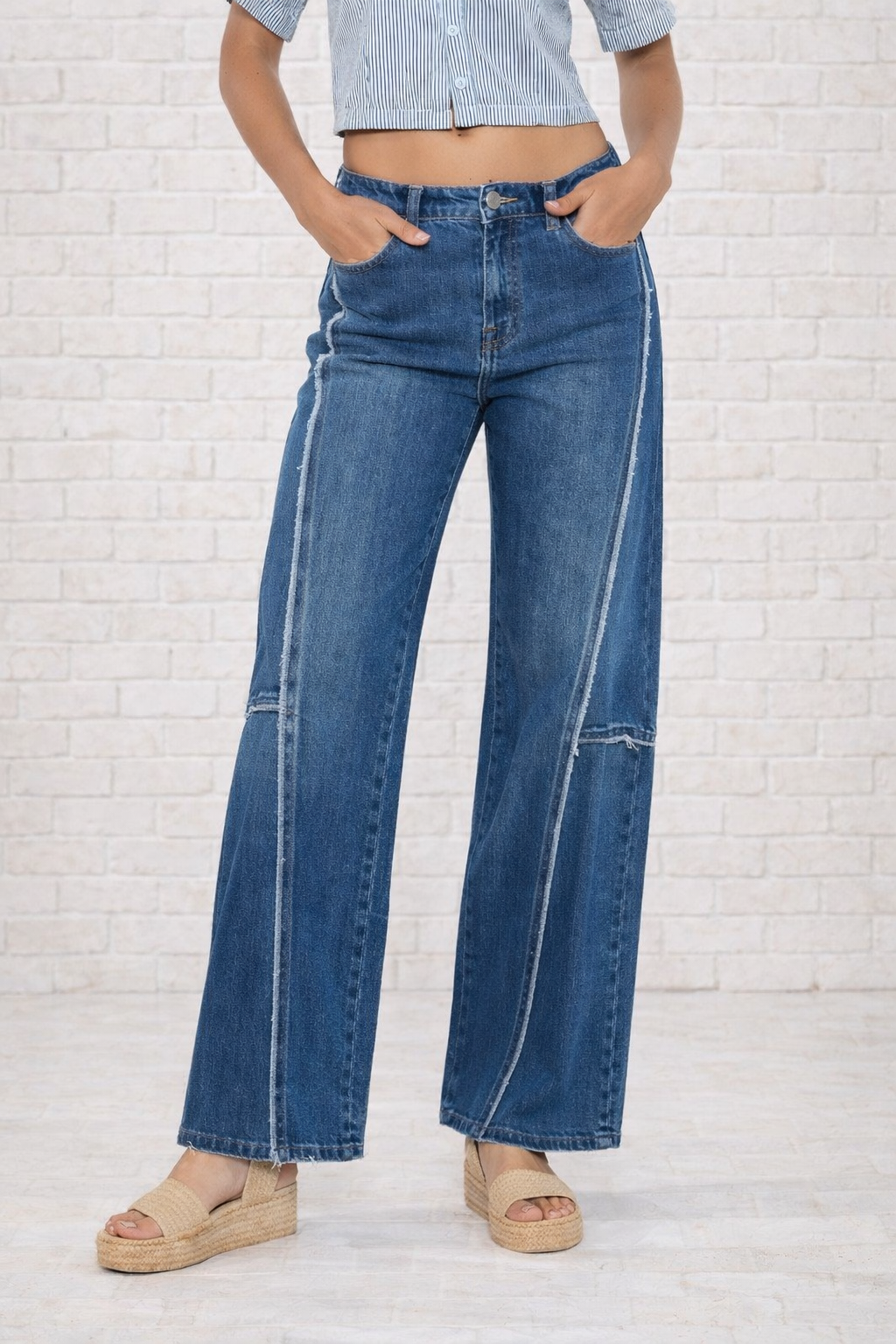 Medium Stone Wash Low Waist Wide Leg Denim