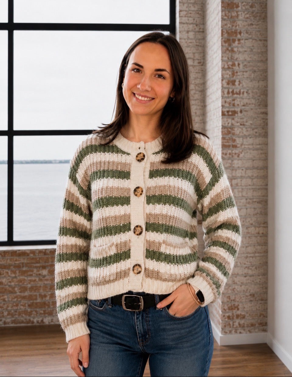 OLIVE STRIPED CARDIGAN WITH POCKETS