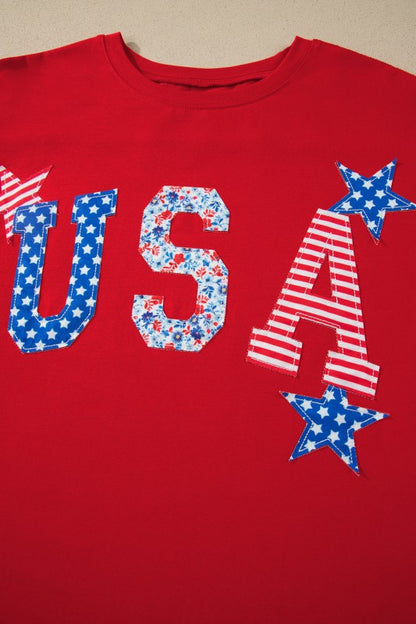RED PATCHWORK “USA” OVERSIZED GRAPHIC TEE