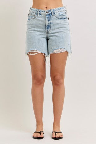 JUDY BLUE LIGHT WASH HIGH-RISE DAD DISTRSSED SHORTS