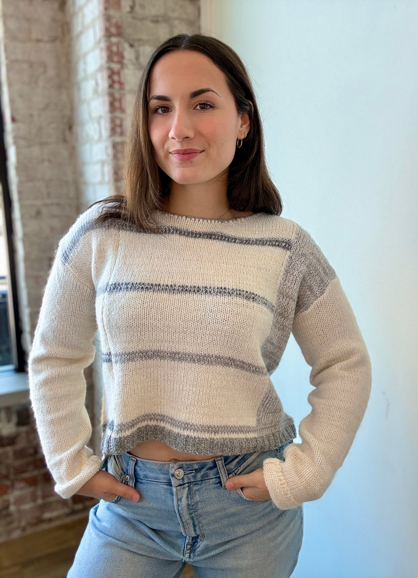 GRAY AND CREAM STRIPE SWEATER