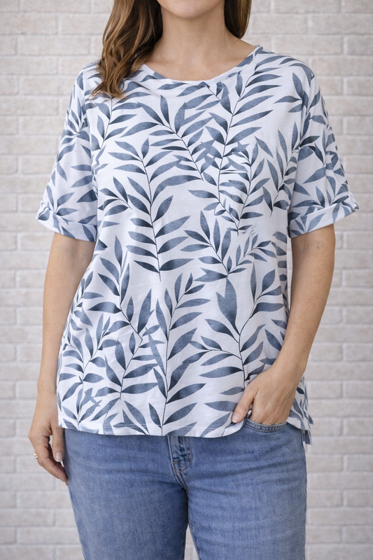 Wild Palms White & Denim Leaves Side Pocket Top