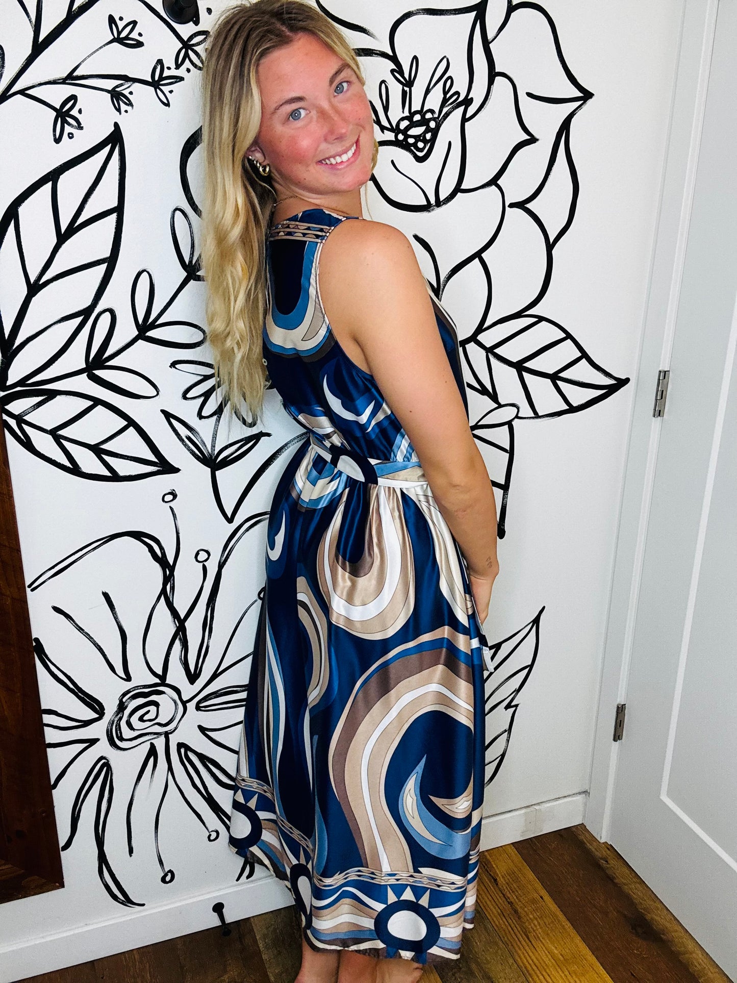 NAVY PRINT MAXI SLEEVELESS DRESS