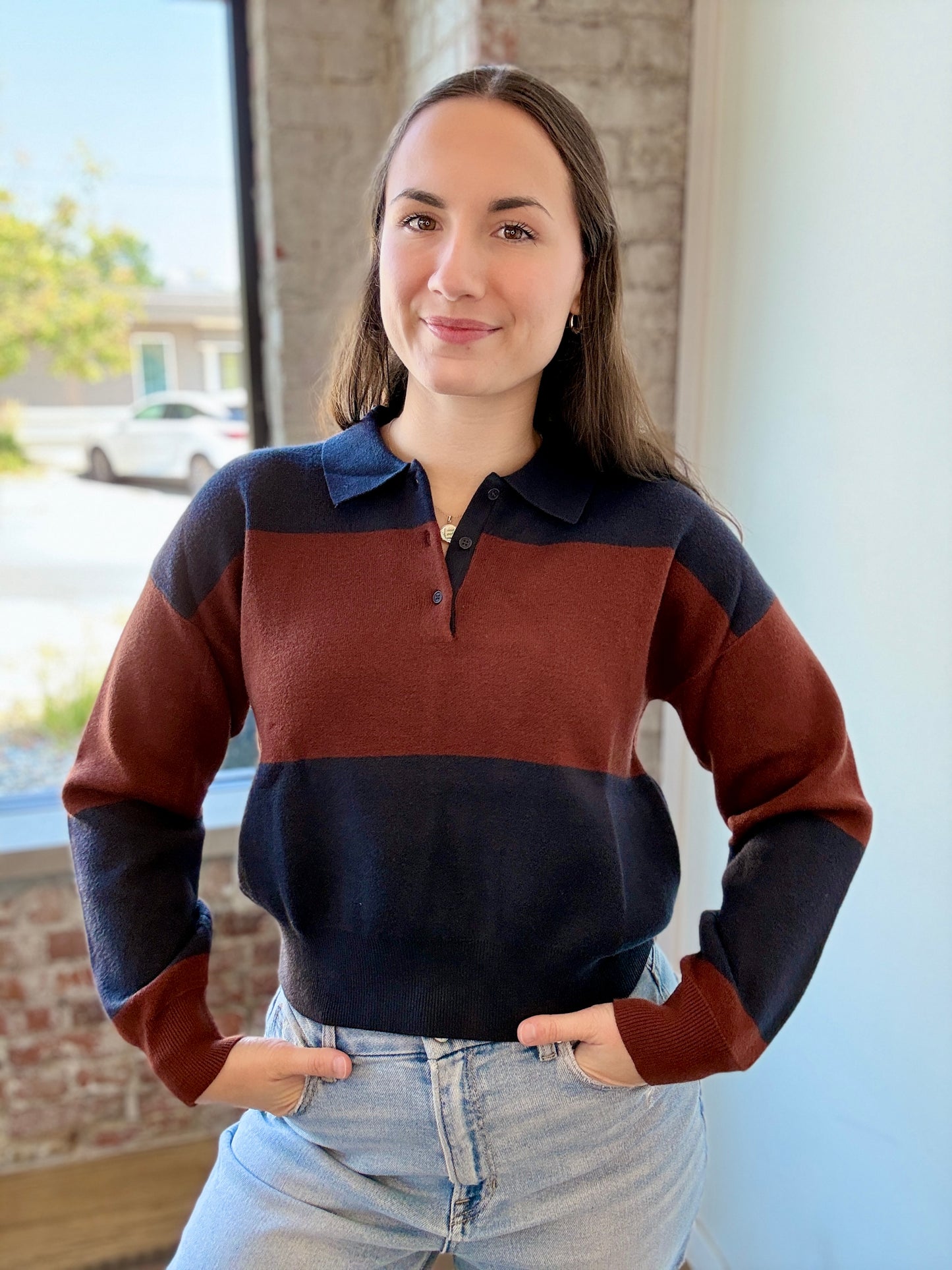 NAVY AND RUST POLO LONG SLEEVE