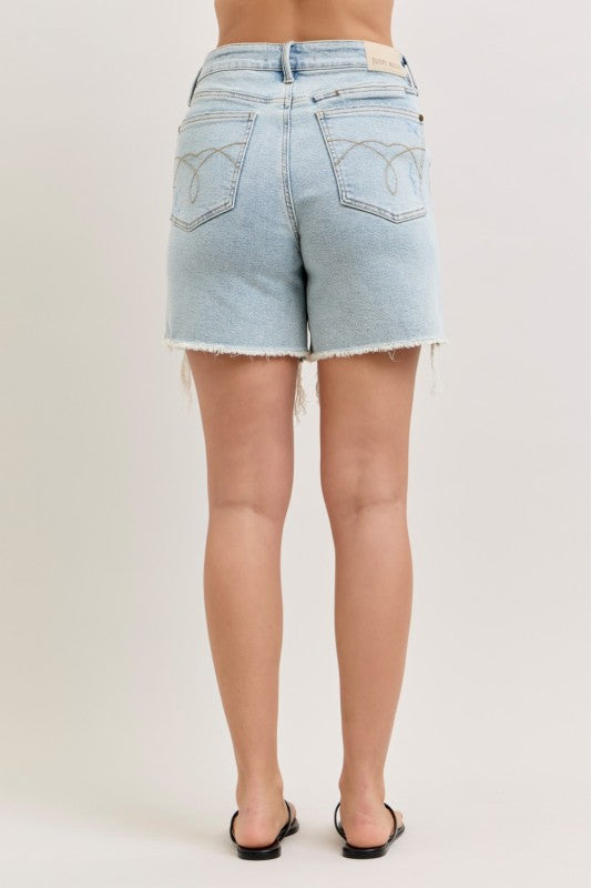 JUDY BLUE LIGHT WASH HIGH-RISE DAD DISTRSSED SHORTS