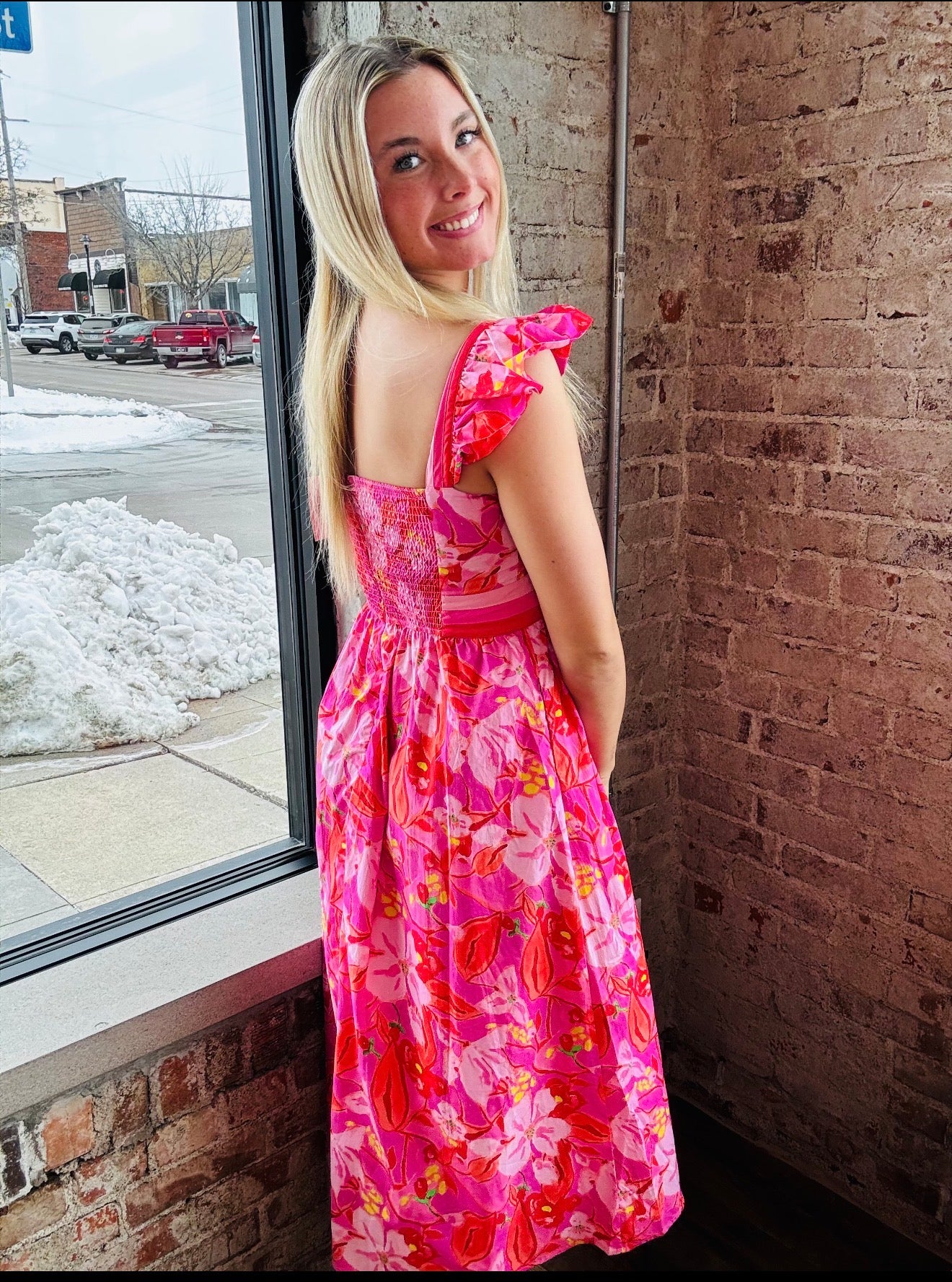 Bright Pink Floral Midi Dress