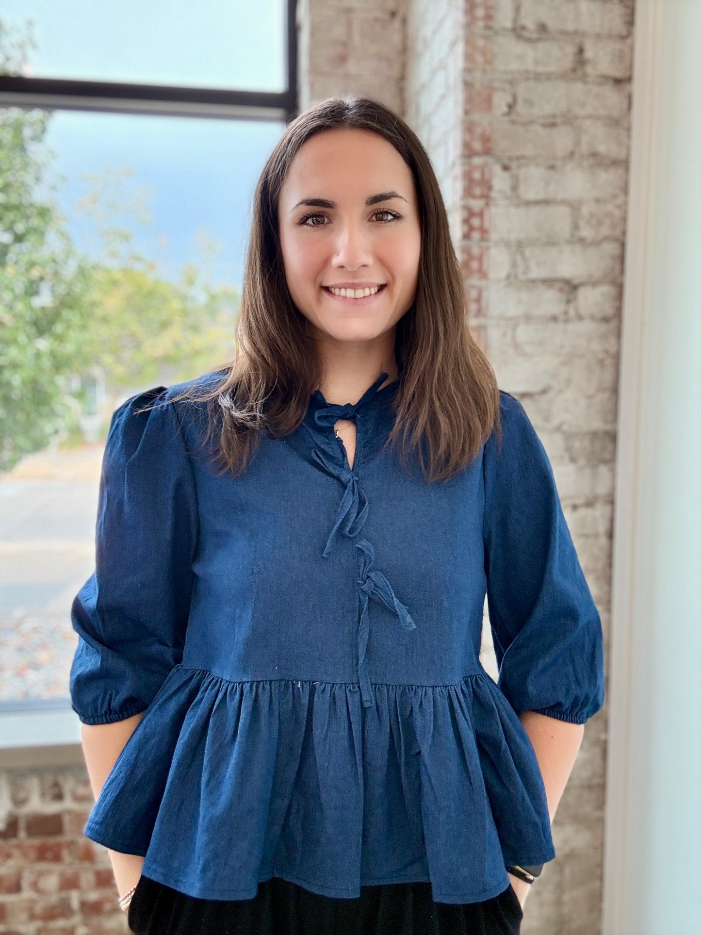 DENIM BLUE BOW BLOUSE