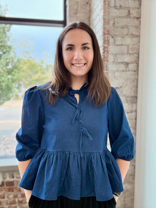 DENIM BLUE BOW BLOUSE