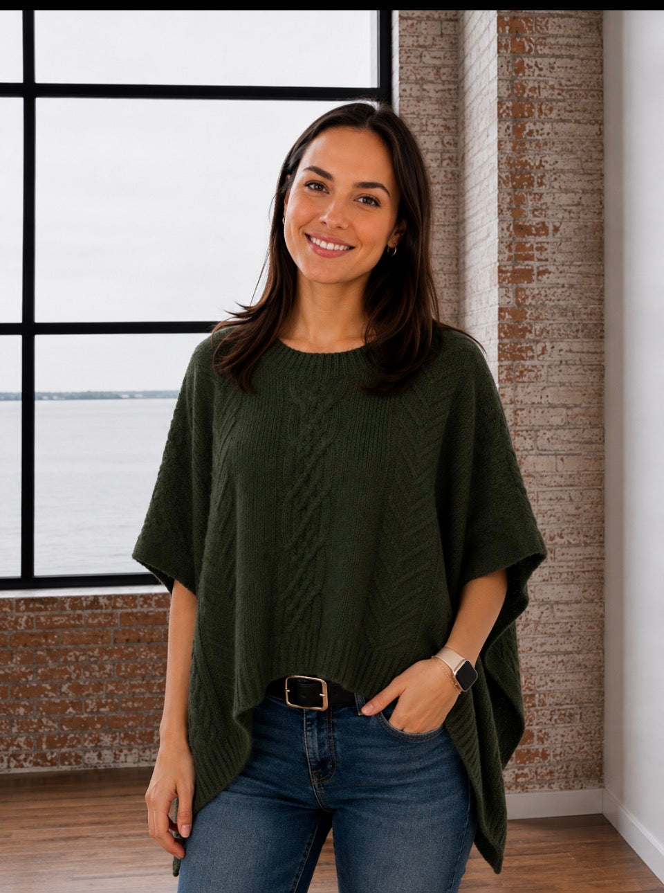 OLIVE GREEN KNITTED PONCHO SWEATER