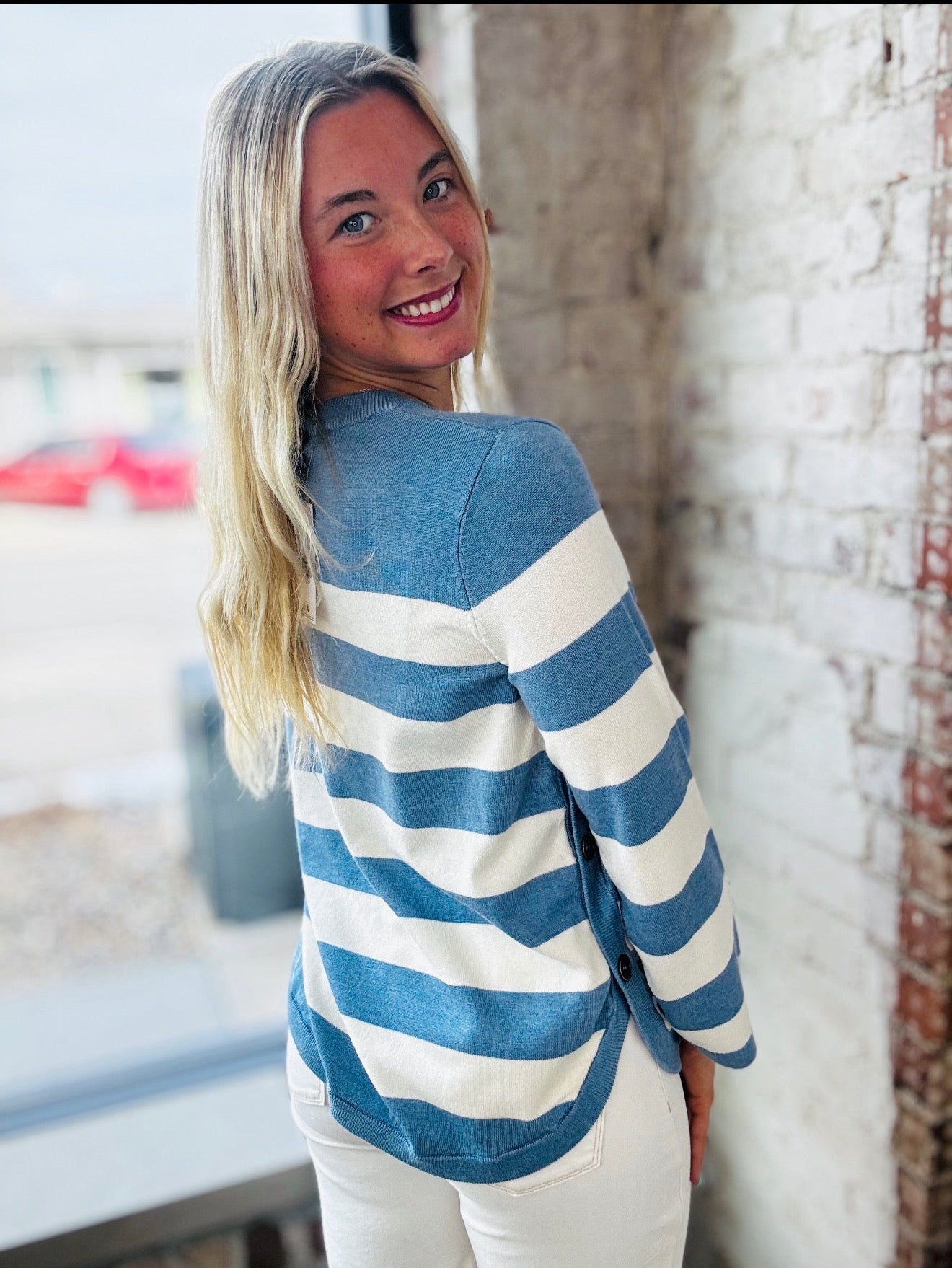 Denim Blue & Ivory Stripe Lightweight Sweater