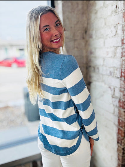 Denim Blue & Ivory Stripe Lightweight Sweater