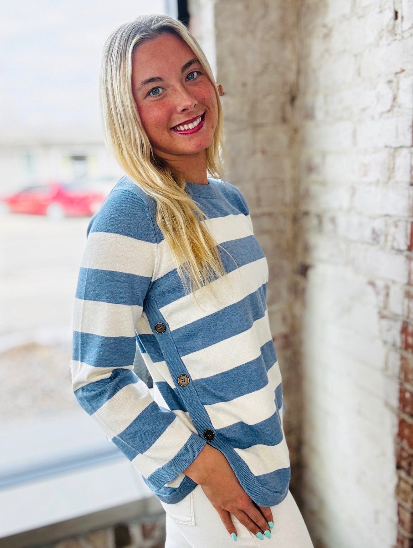 Denim Blue & Ivory Stripe Lightweight Sweater