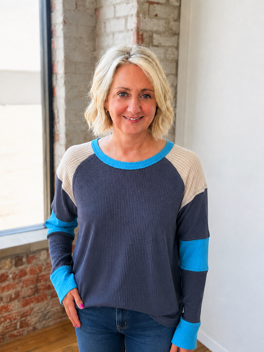 NAVY RIBBED COLOR BLOCK TOP